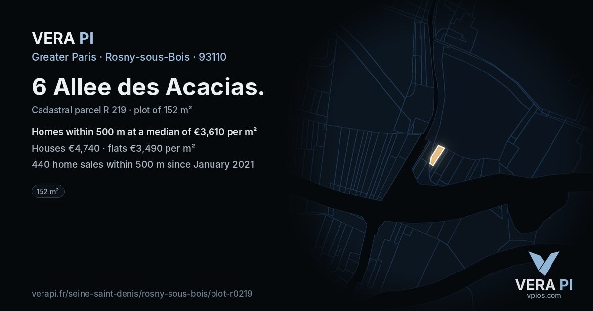 6 Allee des Acacias, Rosny-sous-Bois at night – the plot lit, the parcels around coloured by the prices near them