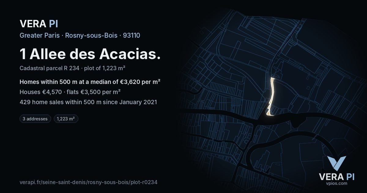 1 Allee des Acacias, Rosny-sous-Bois at night – the plot lit, the parcels around coloured by the prices near them