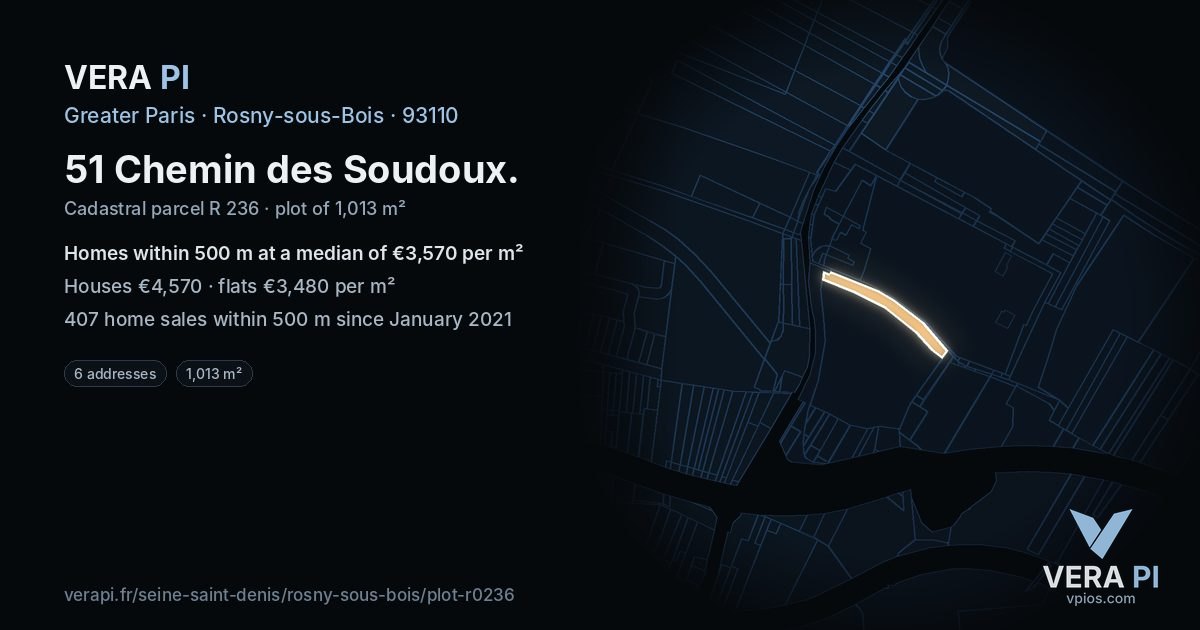 51 Chemin des Soudoux, Rosny-sous-Bois at night – the plot lit, the parcels around coloured by the prices near them