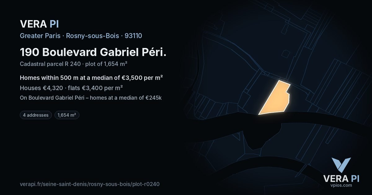 190 Boulevard Gabriel Péri, Rosny-sous-Bois at night – the plot lit, the parcels around coloured by the prices near them