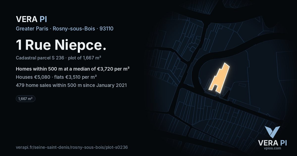1 Rue Niepce, Rosny-sous-Bois at night – the plot lit, the parcels around coloured by the prices near them