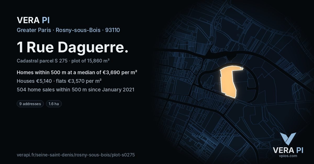 1 Rue Daguerre, Rosny-sous-Bois at night – the plot lit, the parcels around coloured by the prices near them