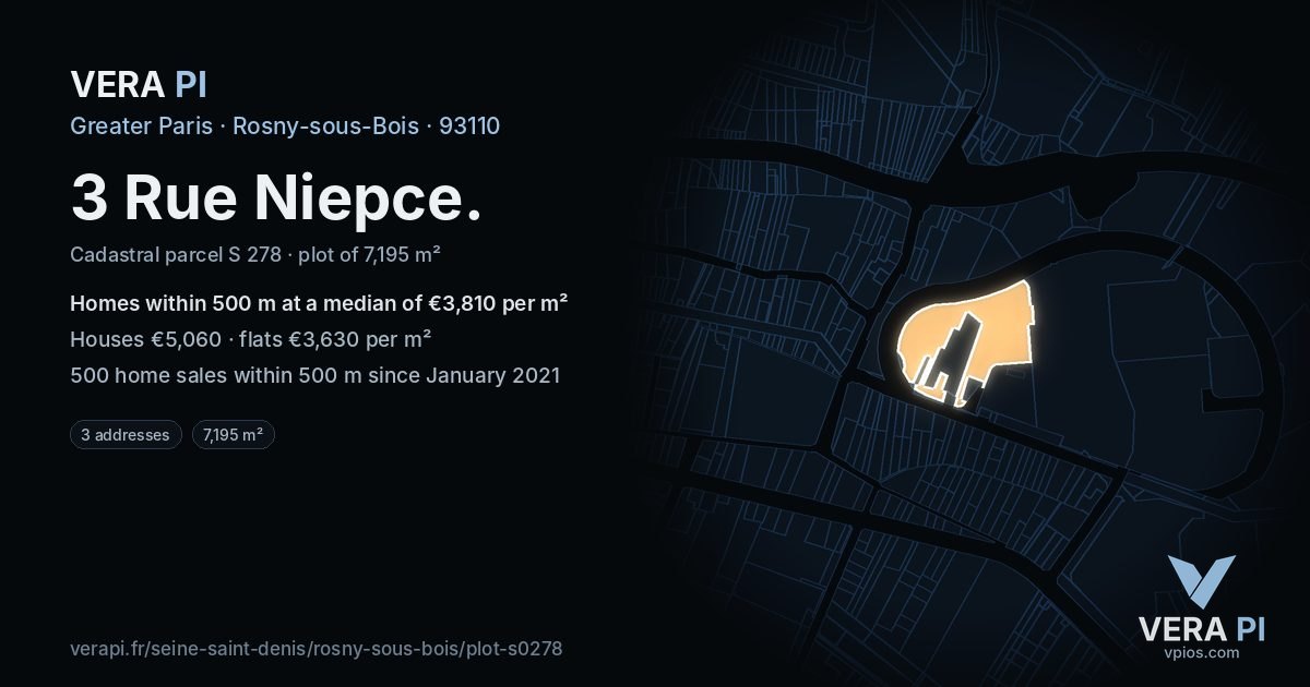 3 Rue Niepce, Rosny-sous-Bois at night – the plot lit, the parcels around coloured by the prices near them