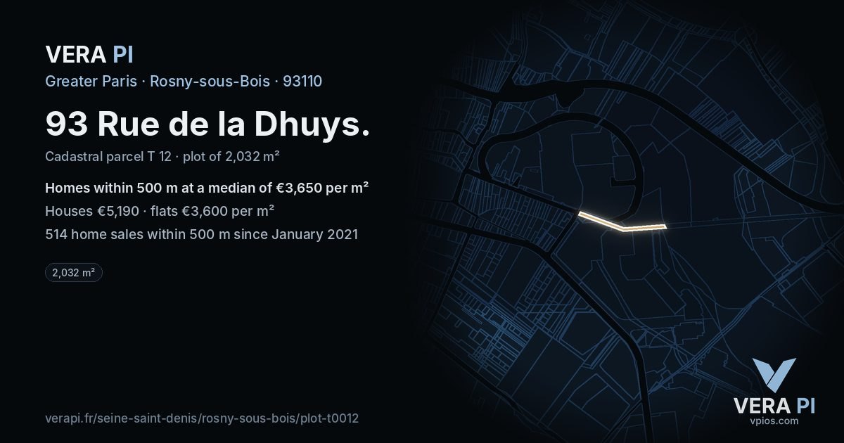 93 Rue de la Dhuys, Rosny-sous-Bois at night – the plot lit, the parcels around coloured by the prices near them