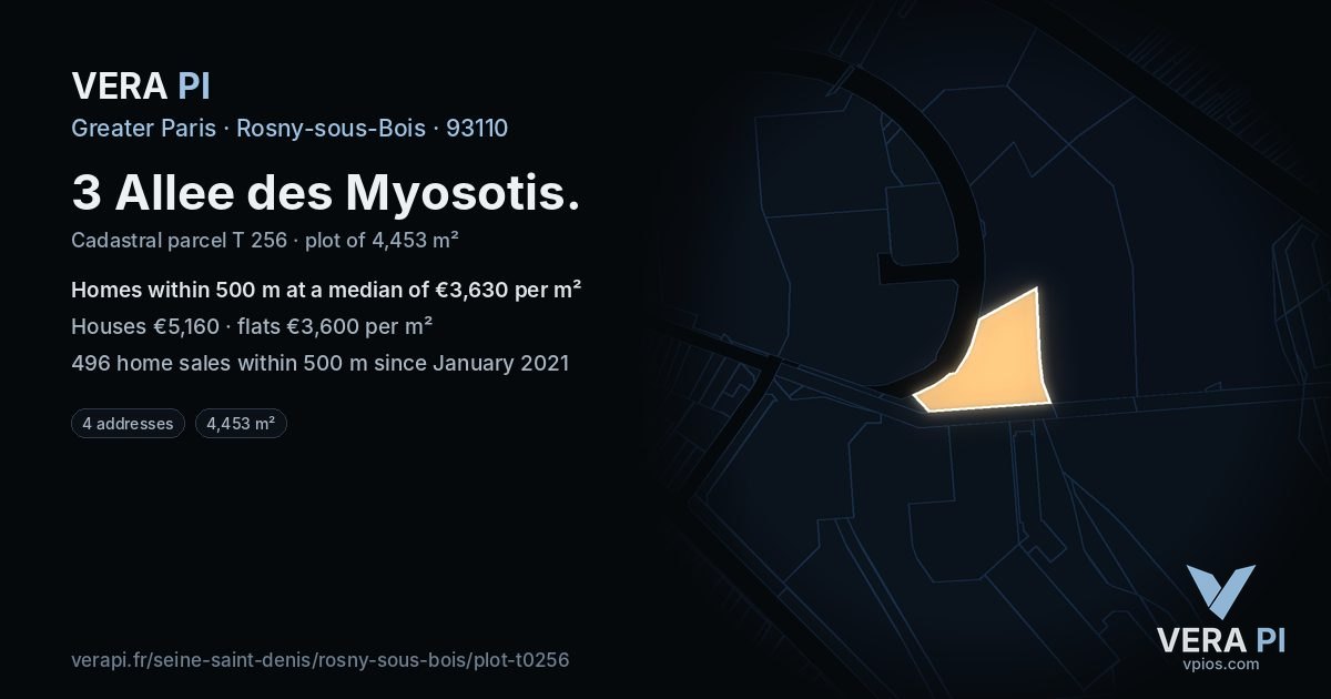 3 Allee des Myosotis, Rosny-sous-Bois at night – the plot lit, the parcels around coloured by the prices near them