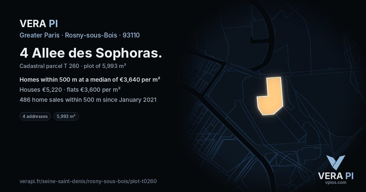 4 Allee des Sophoras, Rosny-sous-Bois at night – the plot lit, the parcels around coloured by the prices near them