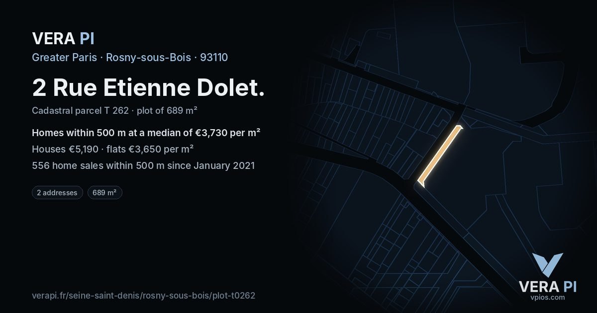 2 Rue Etienne Dolet, Rosny-sous-Bois at night – the plot lit, the parcels around coloured by the prices near them