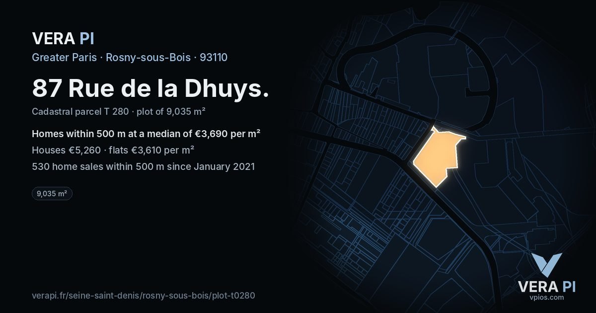 87 Rue de la Dhuys, Rosny-sous-Bois at night – the plot lit, the parcels around coloured by the prices near them