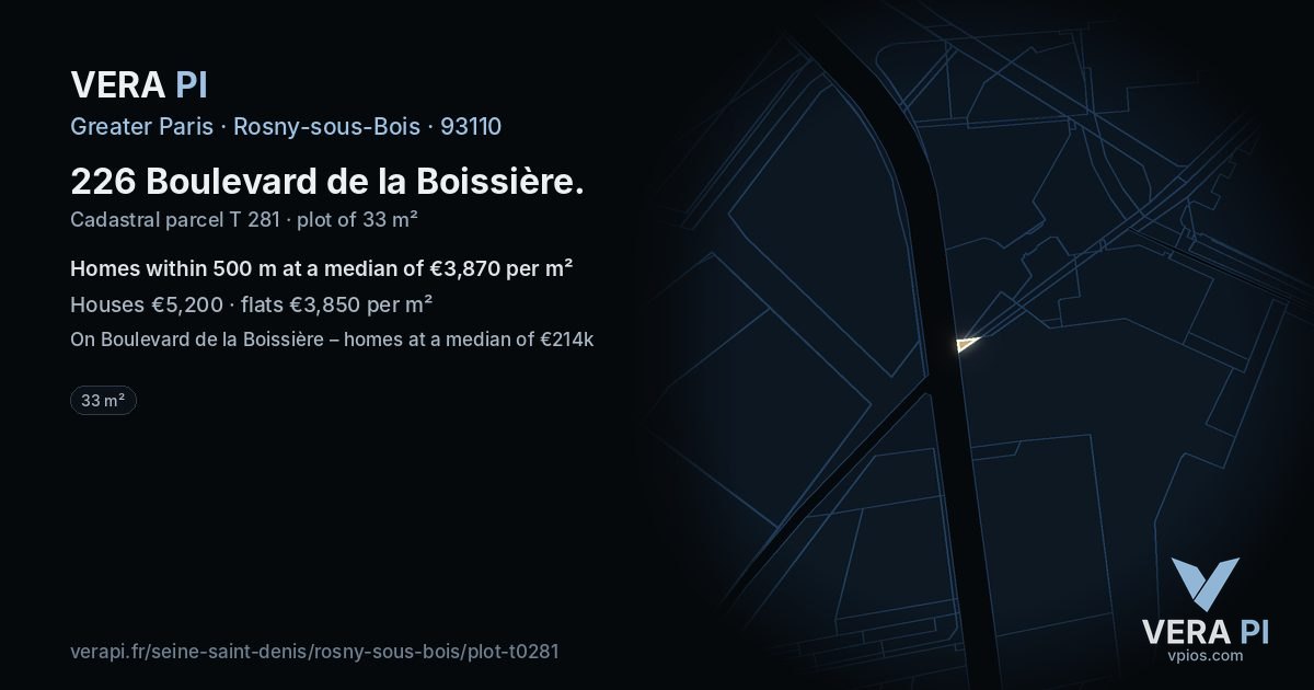226 Boulevard de la Boissière, Rosny-sous-Bois at night – the plot lit, the parcels around coloured by the prices near them