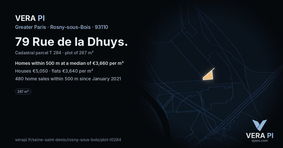 79 Rue de la Dhuys, Rosny-sous-Bois at night – the plot lit, the parcels around coloured by the prices near them
