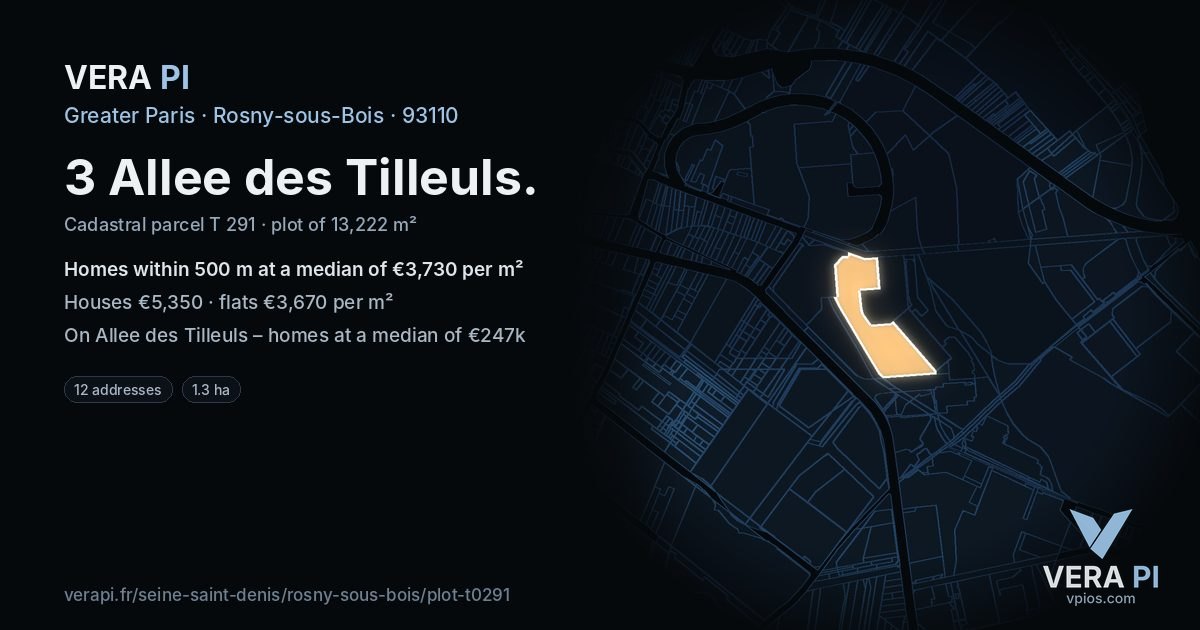 3 Allee des Tilleuls, Rosny-sous-Bois at night – the plot lit, the parcels around coloured by the prices near them