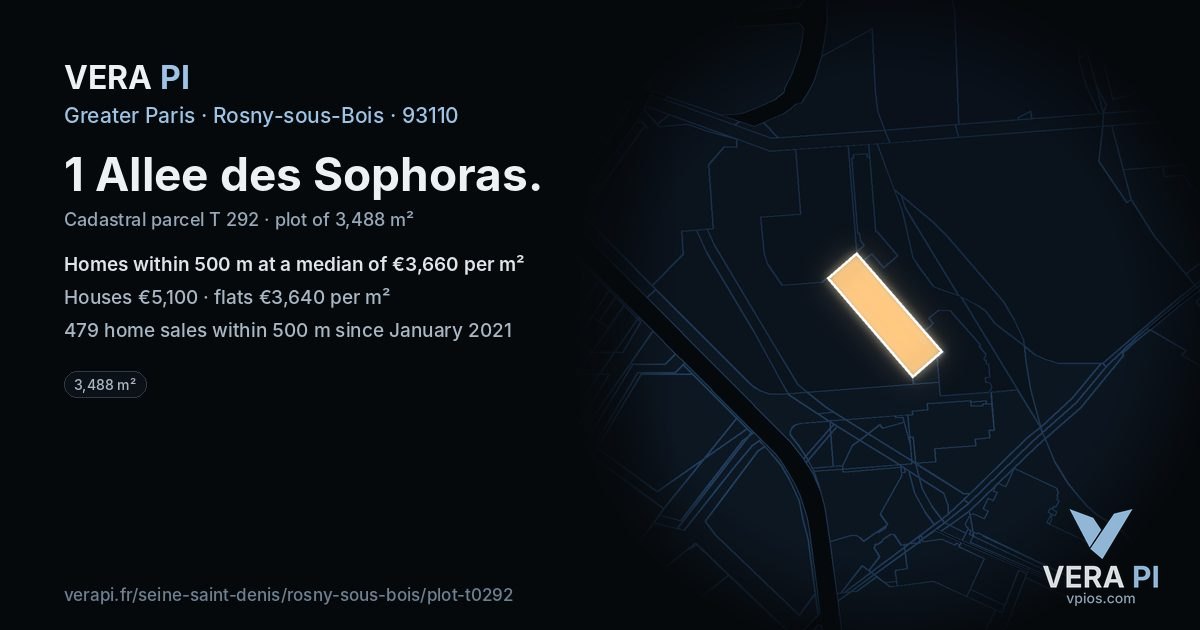 1 Allee des Sophoras, Rosny-sous-Bois at night – the plot lit, the parcels around coloured by the prices near them