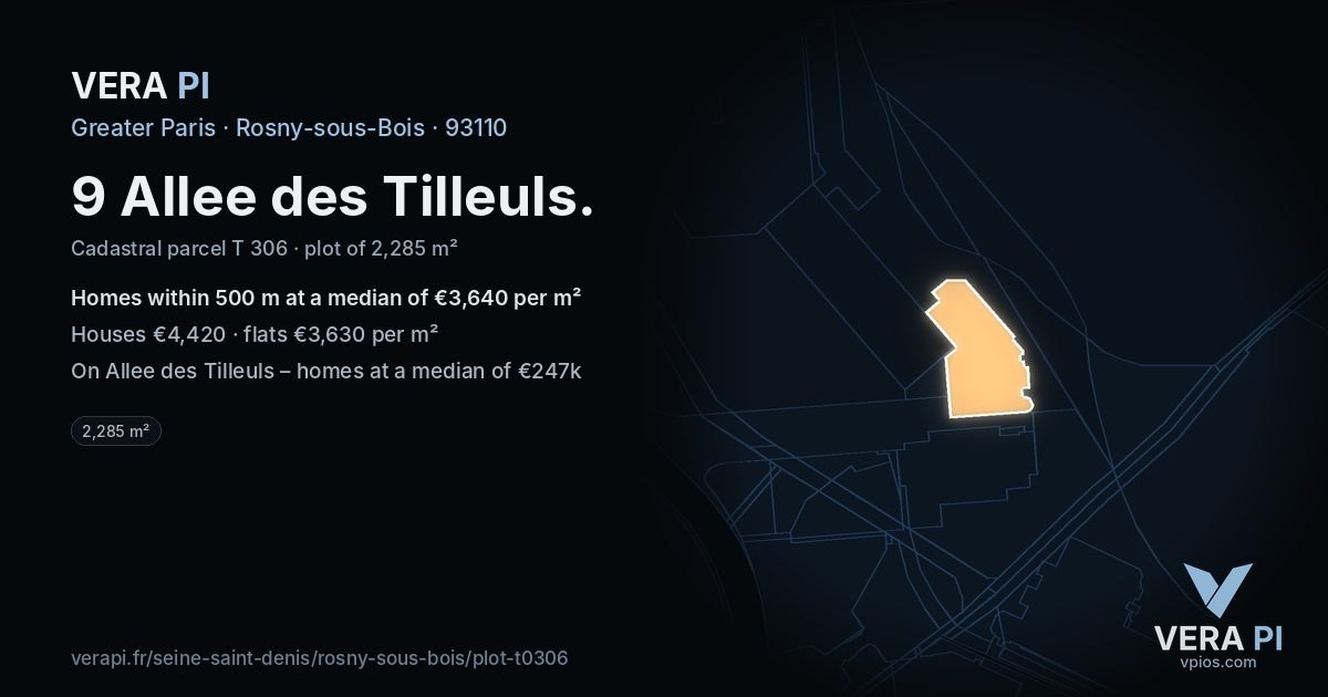 9 Allee des Tilleuls, Rosny-sous-Bois at night – the plot lit, the parcels around coloured by the prices near them