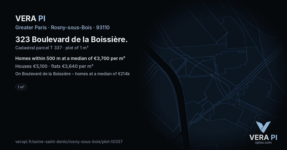 323 Boulevard de la Boissière, Rosny-sous-Bois at night – the plot lit, the parcels around coloured by the prices near them