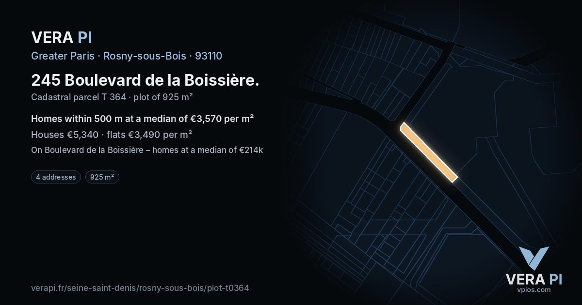 245 Boulevard de la Boissière, Rosny-sous-Bois at night – the plot lit, the parcels around coloured by the prices near them