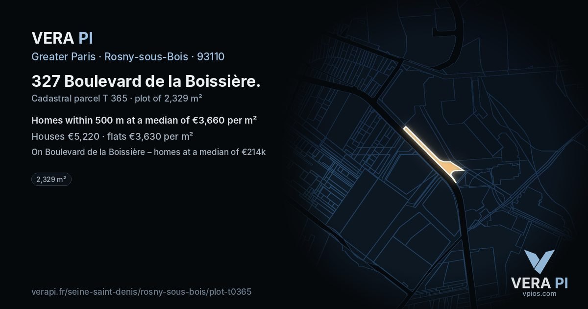 327 Boulevard de la Boissière, Rosny-sous-Bois at night – the plot lit, the parcels around coloured by the prices near them