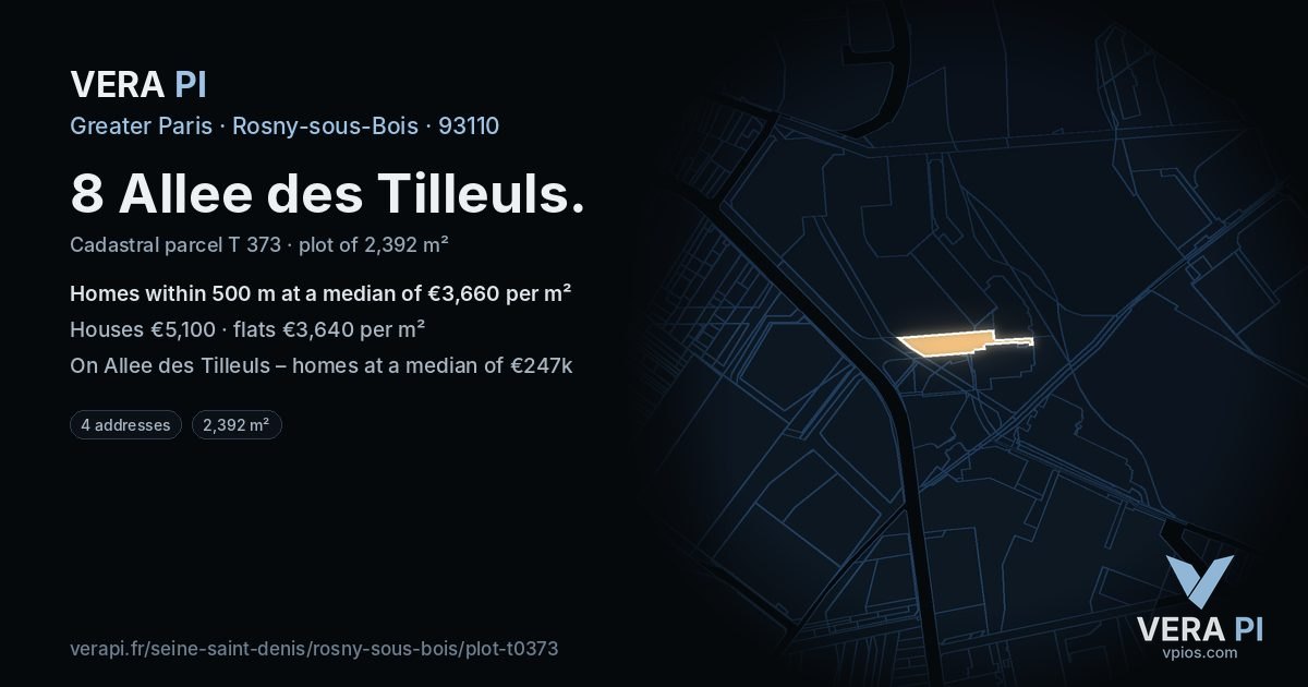 8 Allee des Tilleuls, Rosny-sous-Bois at night – the plot lit, the parcels around coloured by the prices near them