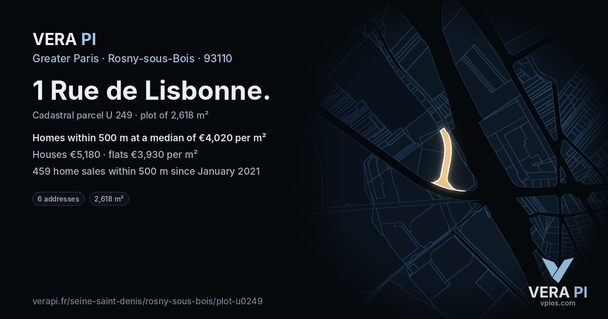 1 Rue de Lisbonne, Rosny-sous-Bois at night – the plot lit, the parcels around coloured by the prices near them