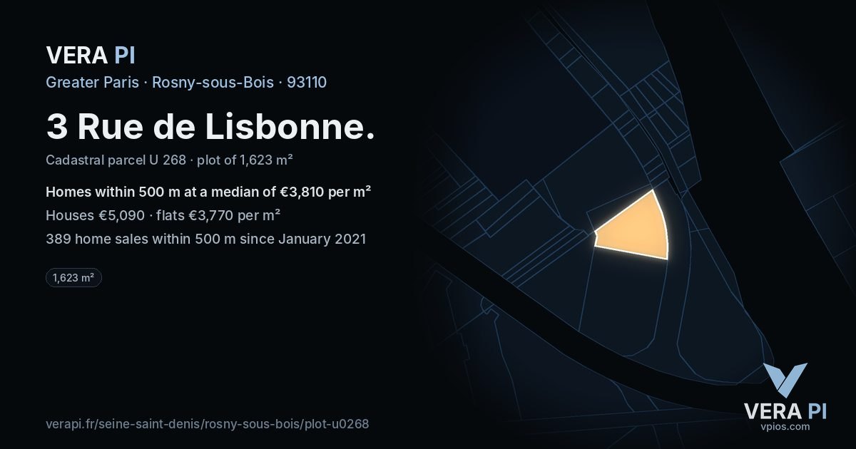 3 Rue de Lisbonne, Rosny-sous-Bois at night – the plot lit, the parcels around coloured by the prices near them