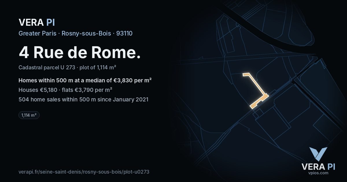 4 Rue de Rome, Rosny-sous-Bois at night – the plot lit, the parcels around coloured by the prices near them
