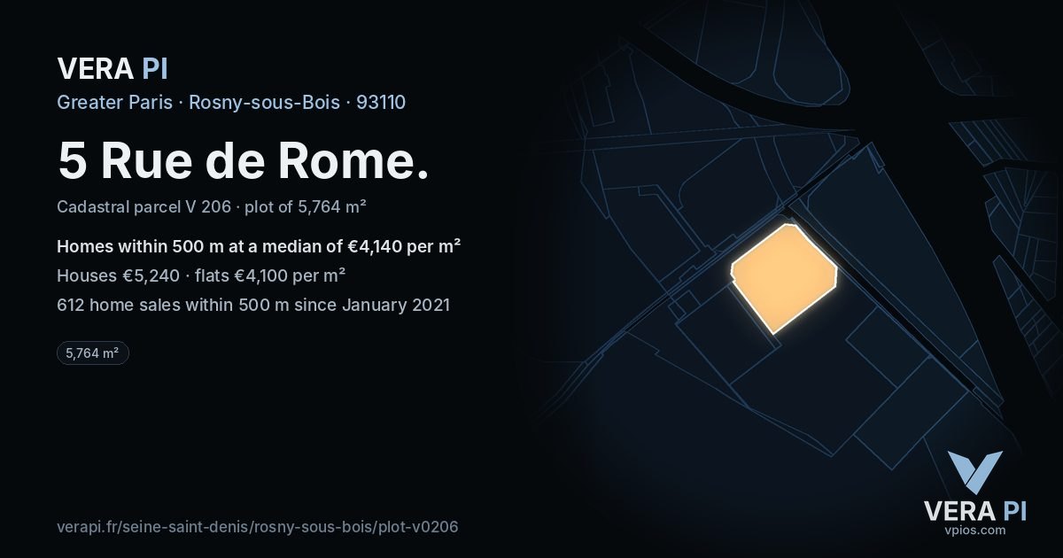 5 Rue de Rome, Rosny-sous-Bois at night – the plot lit, the parcels around coloured by the prices near them