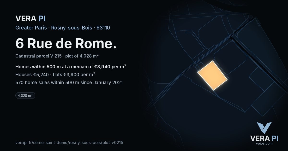 6 Rue de Rome, Rosny-sous-Bois at night – the plot lit, the parcels around coloured by the prices near them