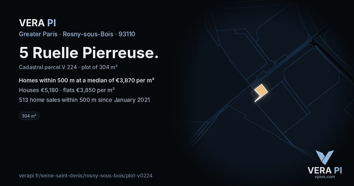 5 Ruelle Pierreuse, Rosny-sous-Bois at night – the plot lit, the parcels around coloured by the prices near them