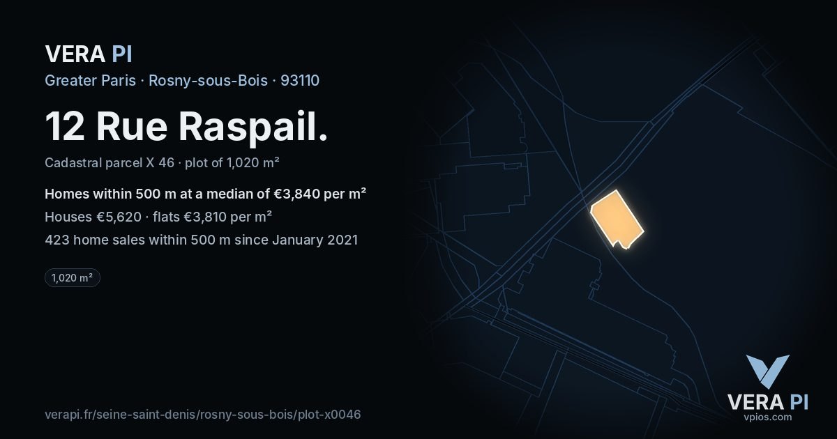 12 Rue Raspail, Rosny-sous-Bois at night – the plot lit, the parcels around coloured by the prices near them