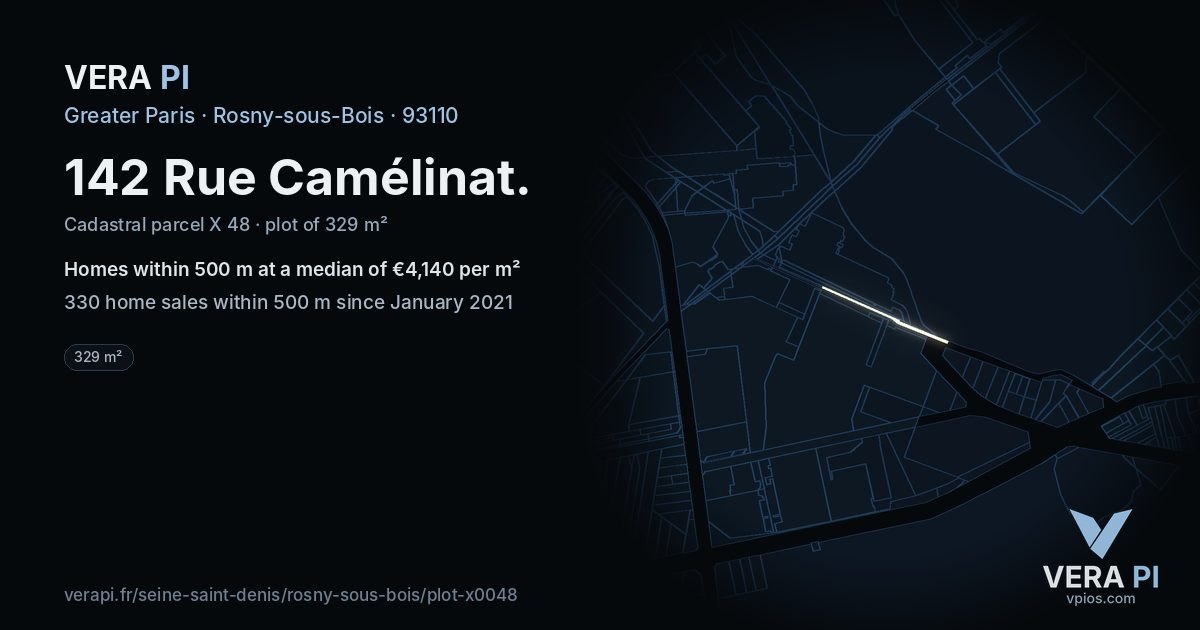 142 Rue Camélinat, Rosny-sous-Bois at night – the plot lit, the parcels around coloured by the prices near them