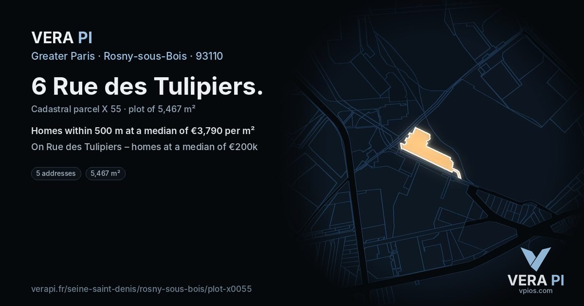 6 Rue des Tulipiers, Rosny-sous-Bois at night – the plot lit, the parcels around coloured by the prices near them