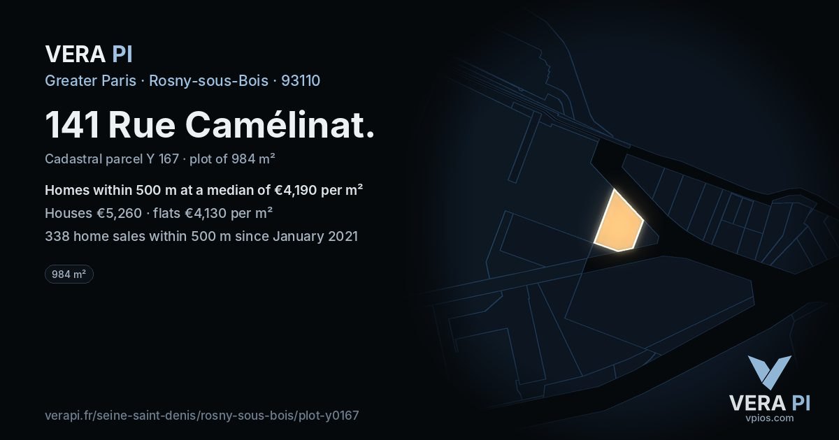 141 Rue Camélinat, Rosny-sous-Bois at night – the plot lit, the parcels around coloured by the prices near them