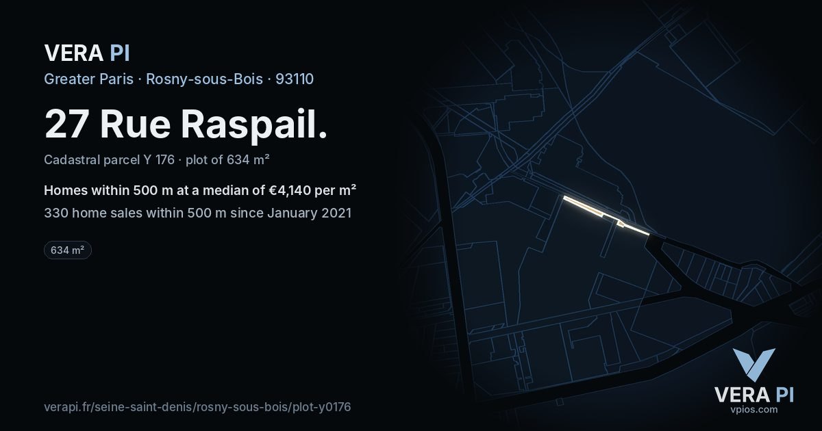 27 Rue Raspail, Rosny-sous-Bois at night – the plot lit, the parcels around coloured by the prices near them