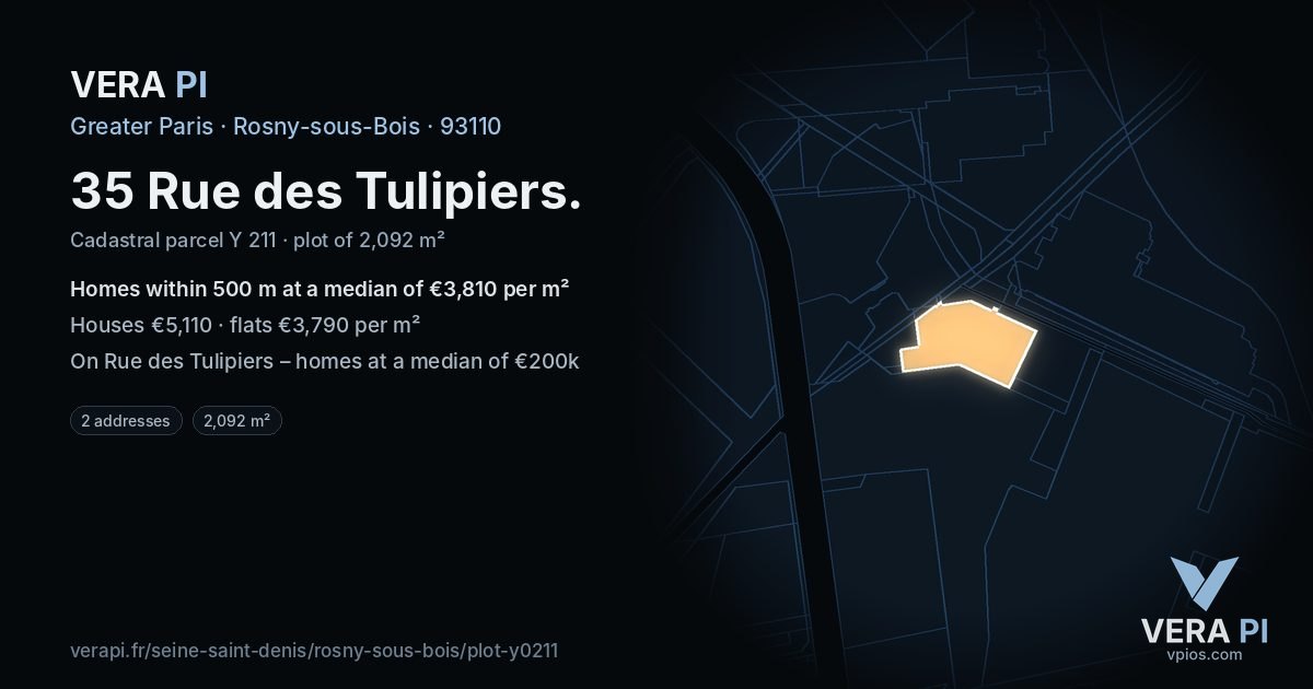 35 Rue des Tulipiers, Rosny-sous-Bois at night – the plot lit, the parcels around coloured by the prices near them