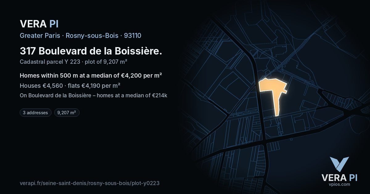 317 Boulevard de la Boissière, Rosny-sous-Bois at night – the plot lit, the parcels around coloured by the prices near them