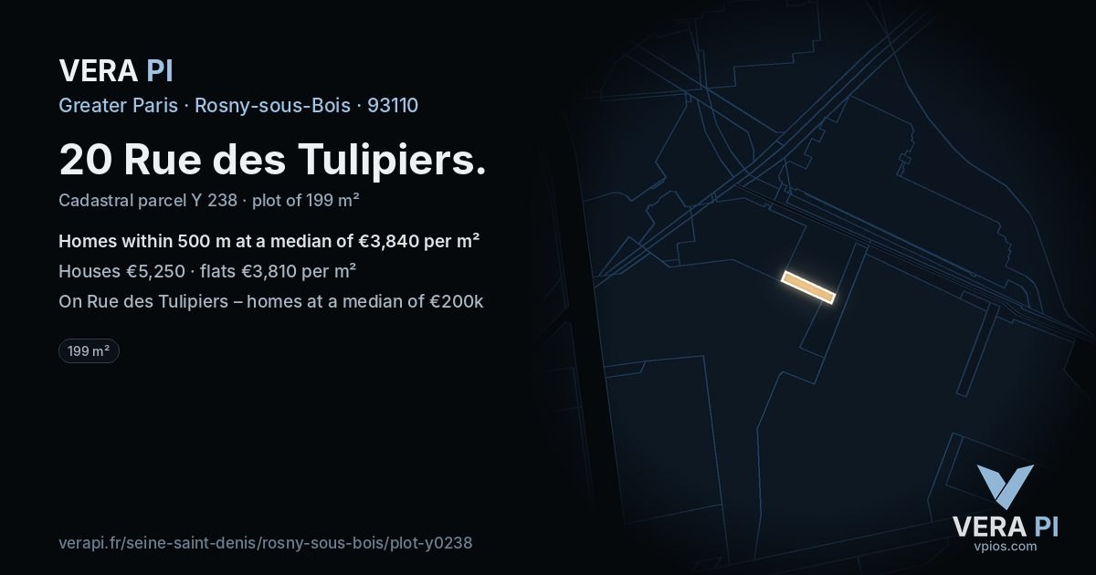 20 Rue des Tulipiers, Rosny-sous-Bois at night – the plot lit, the parcels around coloured by the prices near them
