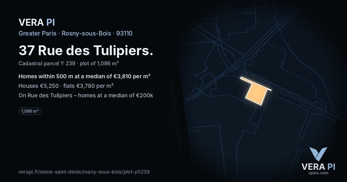37 Rue des Tulipiers, Rosny-sous-Bois at night – the plot lit, the parcels around coloured by the prices near them