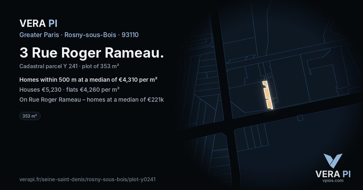 3 Rue Roger Rameau, Rosny-sous-Bois at night – the plot lit, the parcels around coloured by the prices near them