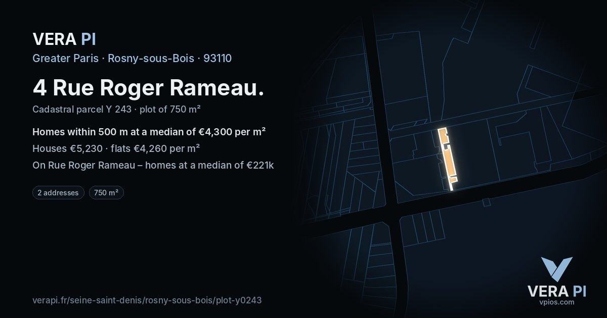 4 Rue Roger Rameau, Rosny-sous-Bois at night – the plot lit, the parcels around coloured by the prices near them