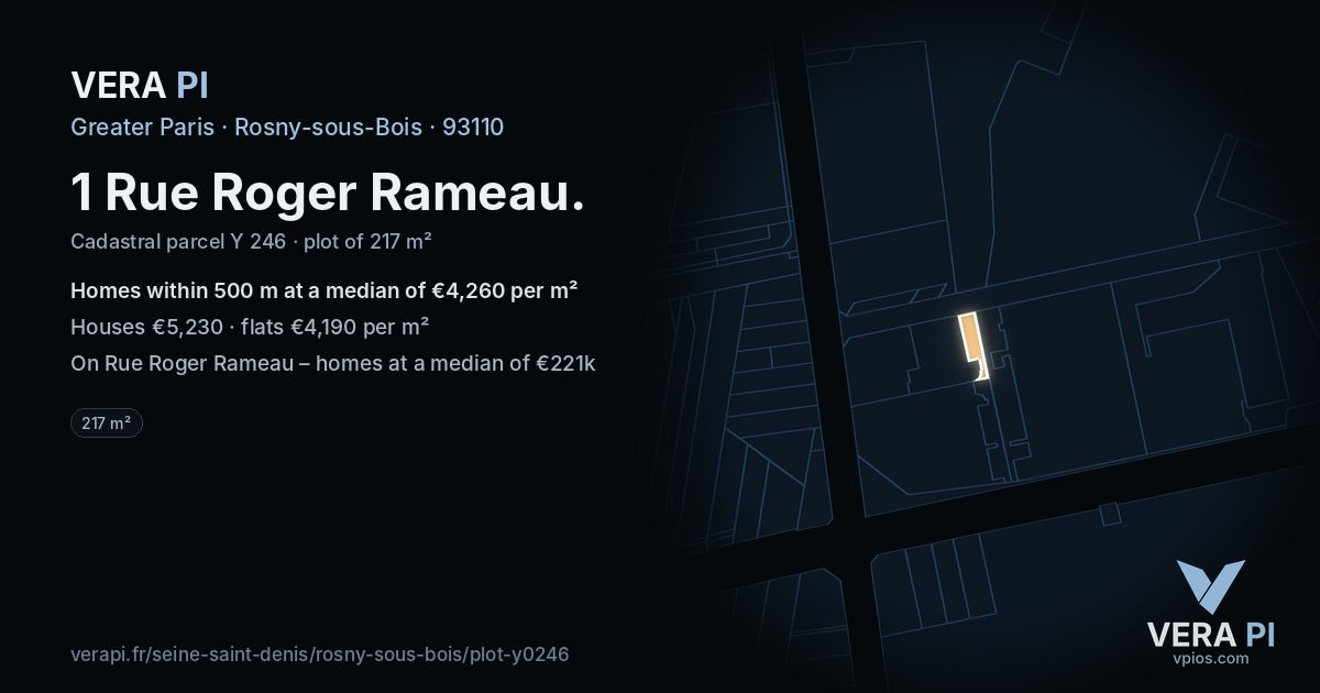 1 Rue Roger Rameau, Rosny-sous-Bois at night – the plot lit, the parcels around coloured by the prices near them