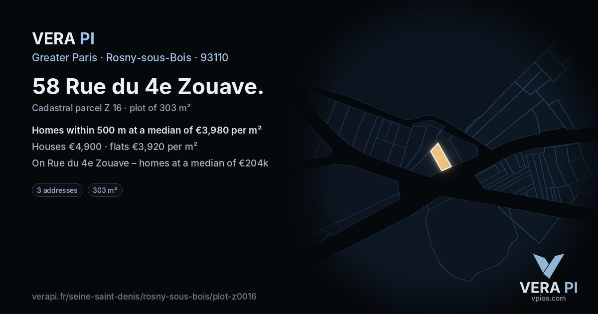 58 Rue du 4e Zouave, Rosny-sous-Bois at night – the plot lit, the parcels around coloured by the prices near them