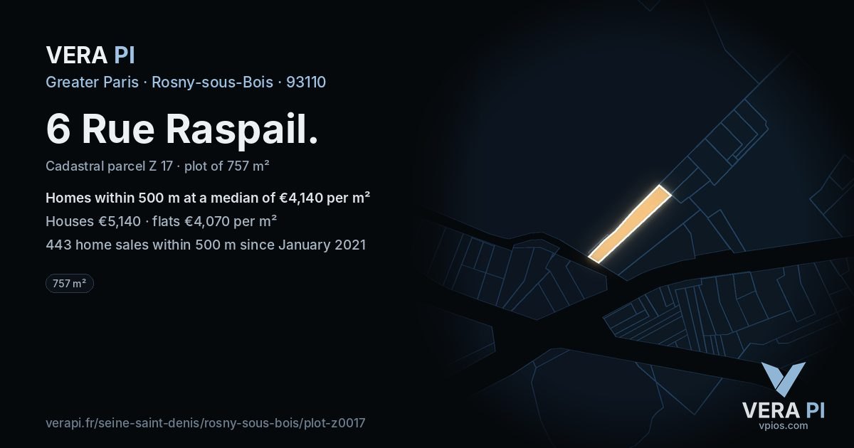 6 Rue Raspail, Rosny-sous-Bois at night – the plot lit, the parcels around coloured by the prices near them