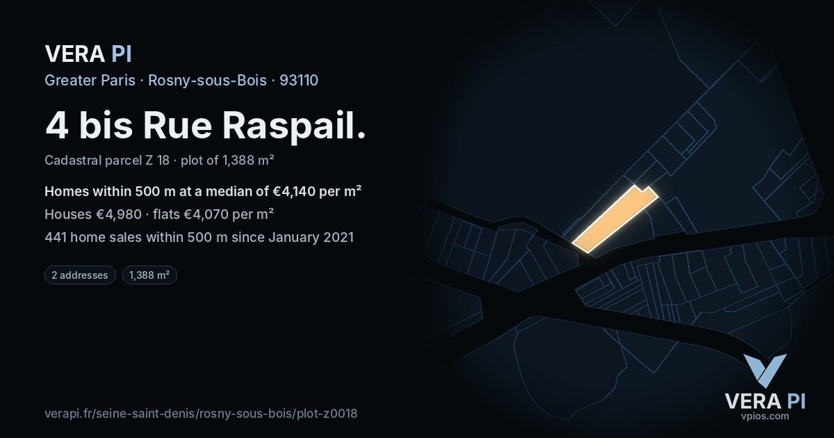 4 bis Rue Raspail, Rosny-sous-Bois at night – the plot lit, the parcels around coloured by the prices near them