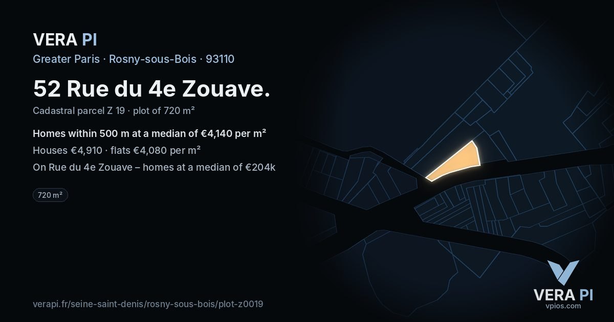 52 Rue du 4e Zouave, Rosny-sous-Bois at night – the plot lit, the parcels around coloured by the prices near them