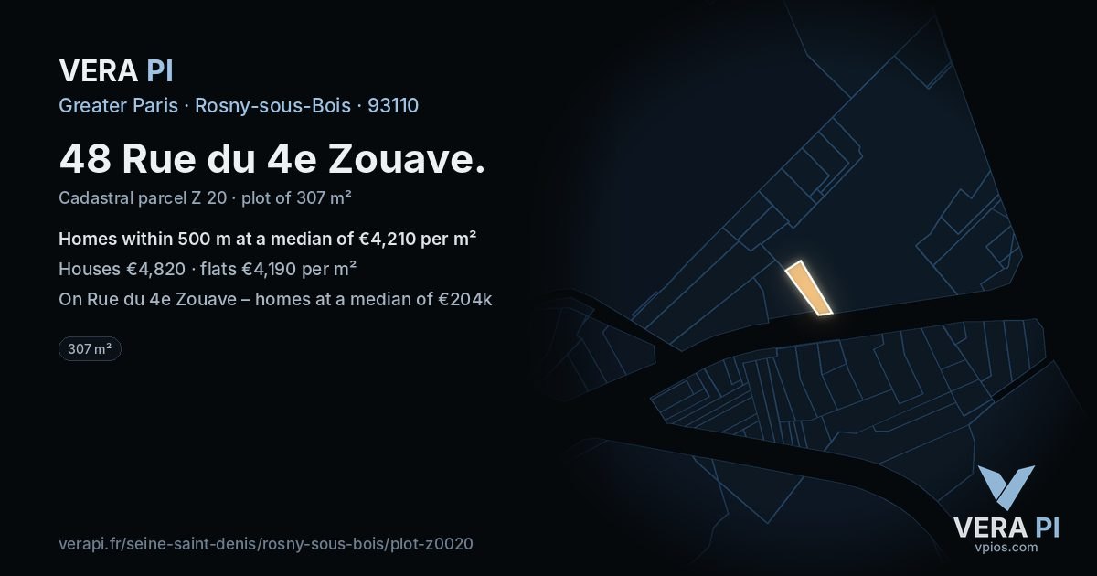 48 Rue du 4e Zouave, Rosny-sous-Bois at night – the plot lit, the parcels around coloured by the prices near them