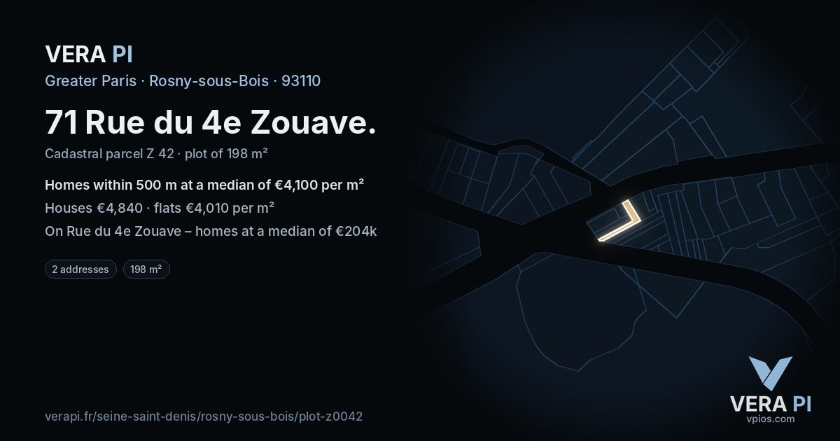 71 Rue du 4e Zouave, Rosny-sous-Bois at night – the plot lit, the parcels around coloured by the prices near them