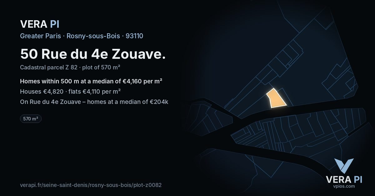 50 Rue du 4e Zouave, Rosny-sous-Bois at night – the plot lit, the parcels around coloured by the prices near them