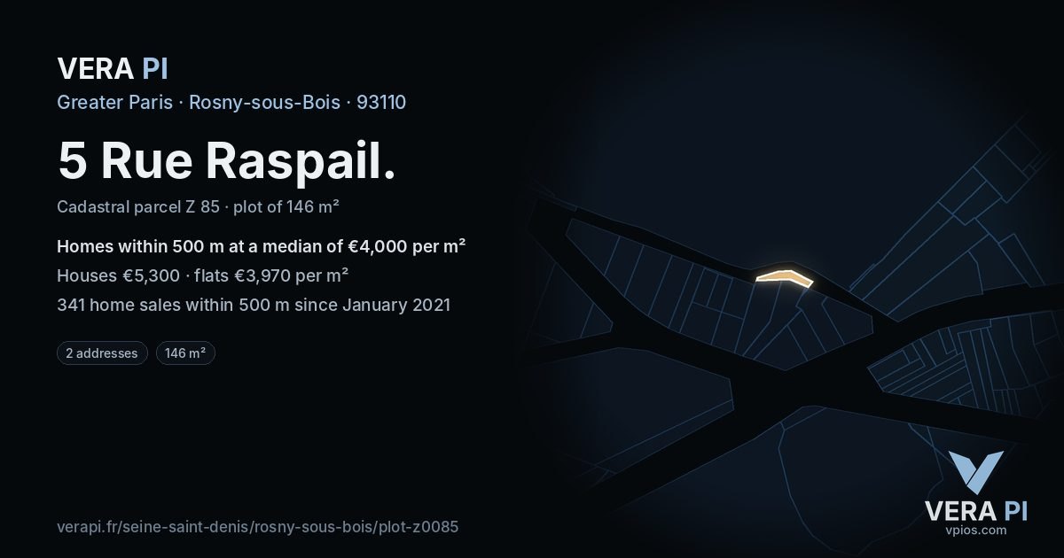 5 Rue Raspail, Rosny-sous-Bois at night – the plot lit, the parcels around coloured by the prices near them