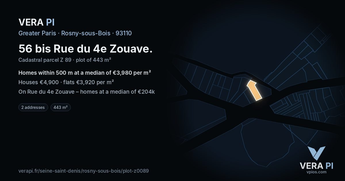 56 bis Rue du 4e Zouave, Rosny-sous-Bois at night – the plot lit, the parcels around coloured by the prices near them