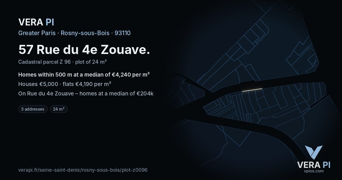 57 Rue du 4e Zouave, Rosny-sous-Bois at night – the plot lit, the parcels around coloured by the prices near them