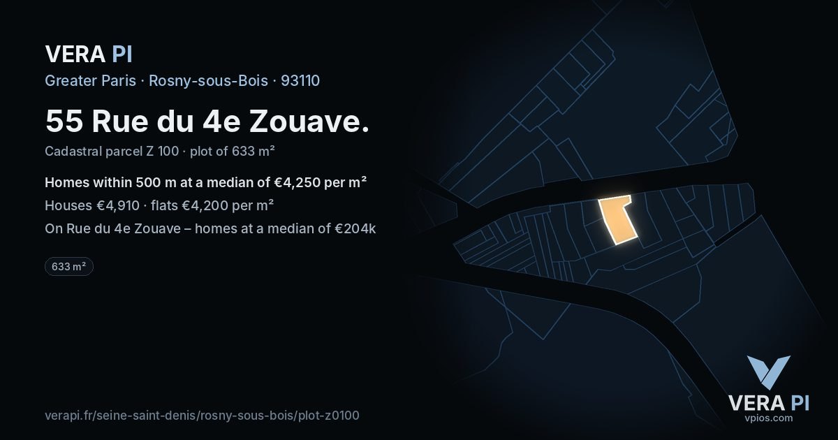 55 Rue du 4e Zouave, Rosny-sous-Bois at night – the plot lit, the parcels around coloured by the prices near them